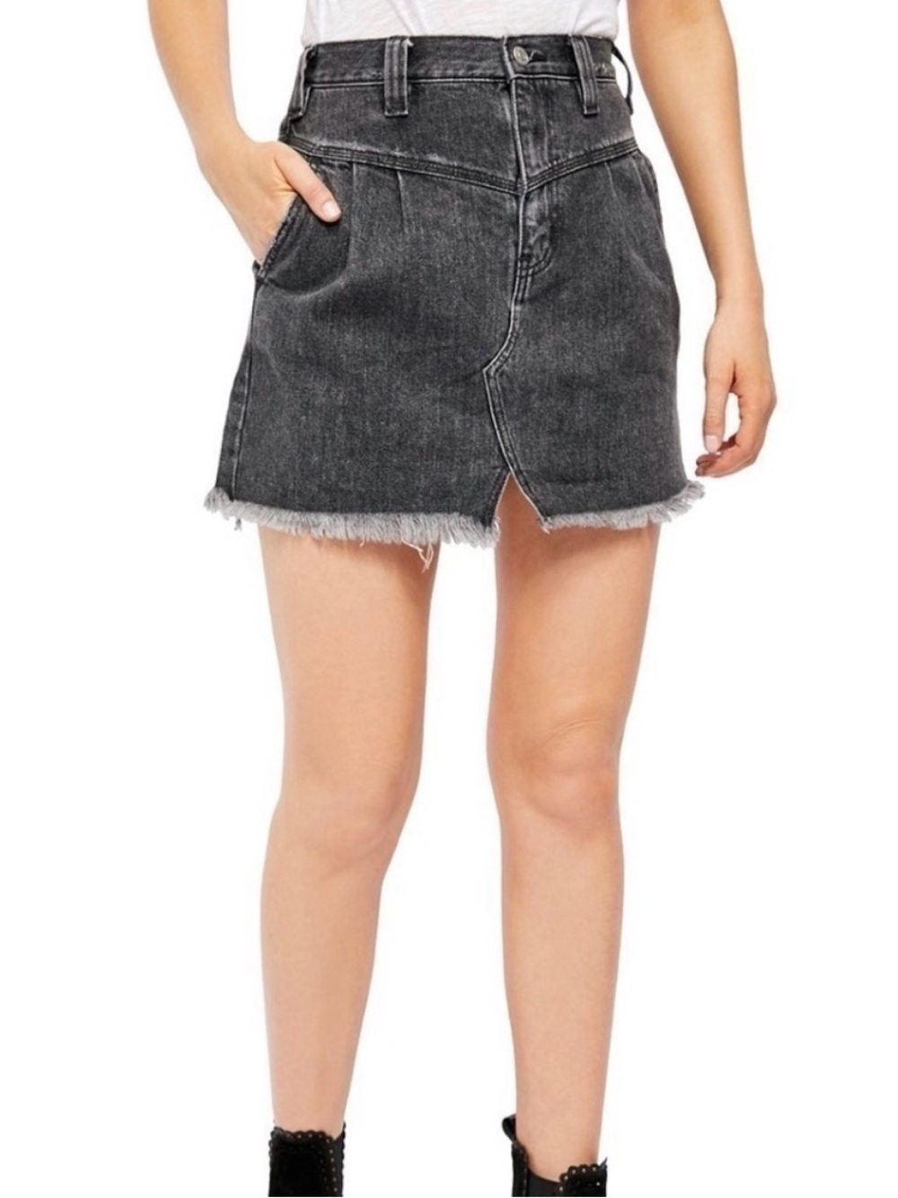 Free People We The Free Sidecar Frayed Hem Denim Mini Skirt faded black 28